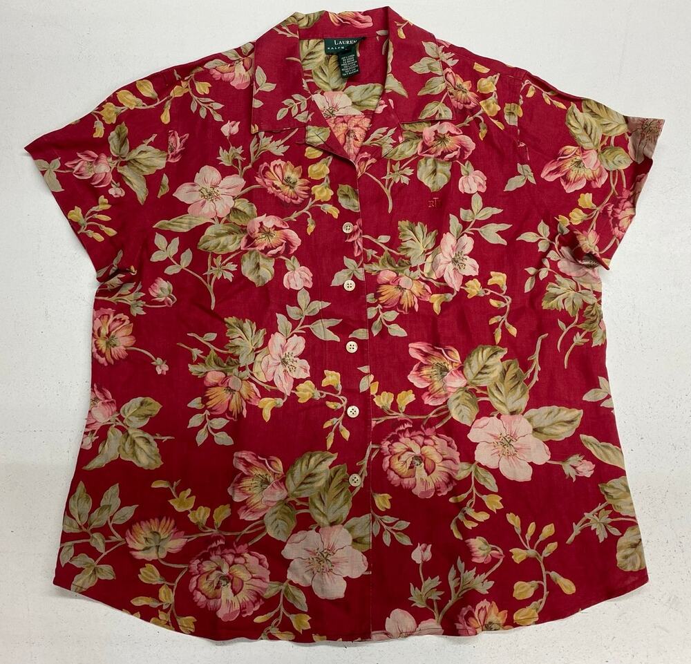VTG 90s Lauren Ralph Lauren 100% linen floral short sleeve button up shirt L